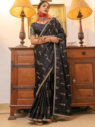 Awesome Black Zari Weaving Satin Party Wear Saree With Blouse