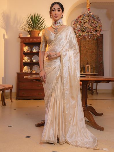 Marvelous Off-White Zari Weaving Satin Wedding Wear Saree With Blouse