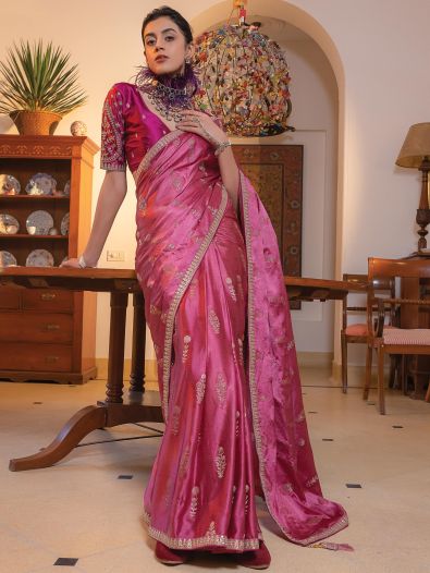 Pretty Rani Pink Zari Weaving Satin Festive Wear Saree With Blouse