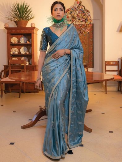 Conveying Dusty Blue Zari Weaving Satin Saree With Blouse