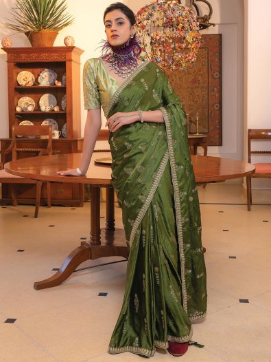 Fetching Olive Green Zari Weaving Satin Saree With Blouse