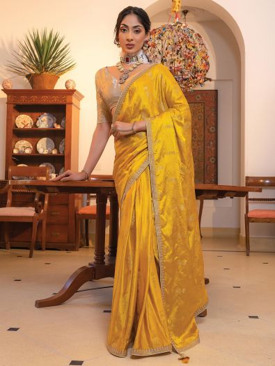 Charming Yellow Zari Weaving Satin Haldi Wear Saree With Blouse