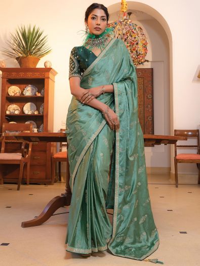 Captivating Mint Green Zari Weaving Satin Saree With Blouse