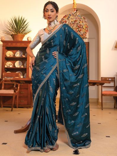 Exquisite Dark Teal Blue Zari Weaving Satin Saree With Blouse