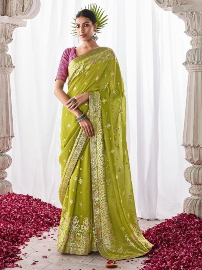 Fancified Light Green Zari Weaving Silk Sangeet Wear Saree With Blouse
