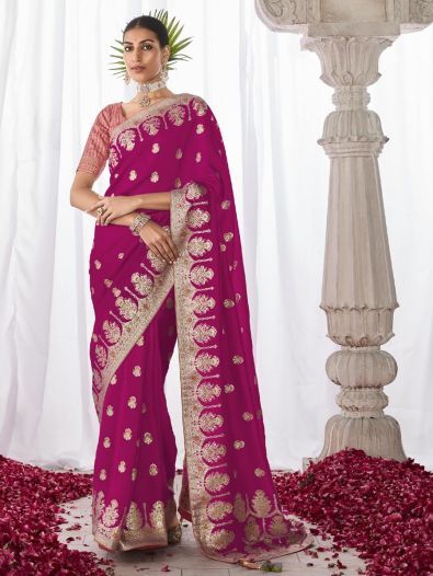 Gorgeous Dark Pink Zari Weaving Silk Wedding Wear Saree