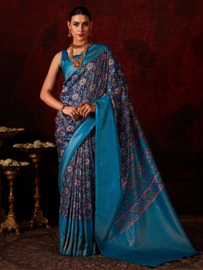 Enchanting Blue Patola Printed Silk Traditional Saree With Blouse