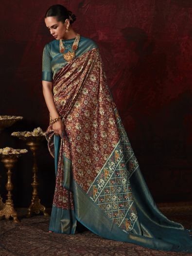 Adorable Brown Patola Printed Silk Traditional Saree With Blouse