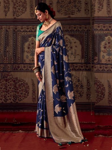 Excellent Navy Blue Zari Weaving Georgette Saree With Blouse
