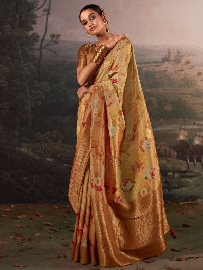 Beautiful Dark Cream Floral Printed Silk Saree With Blouse