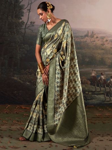 Delightful Dark Green Floral Printed Silk Mehendi Wear Saree