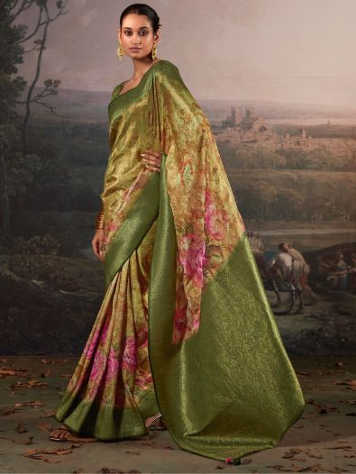 Amusing Green & Cream Floral Printed Silk Saree With Blouse
