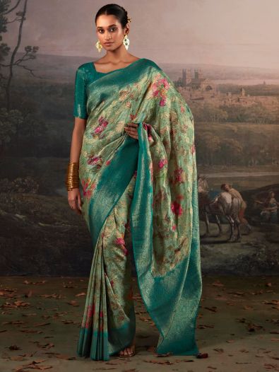 Ravishing Cyan Blue Floral Printed Silk Saree With Blouse