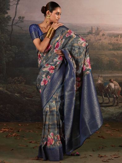 Superb Blue Floral Printed Silk Festive Wear Saree With Blouse
