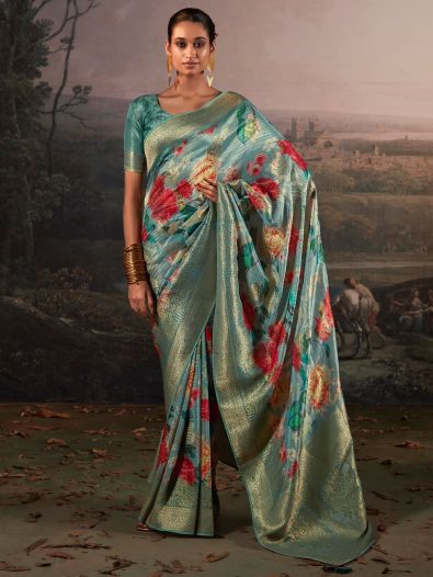 Outstanding Sky-Blue Floral Printed Silk Saree With Blouse