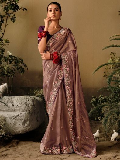 Enticing Brown Embroidered Silk Party Wear Saree With Blouse