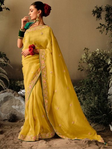 Wonderful Yellow Embroidered Silk Haldi Wear Saree With Blouse