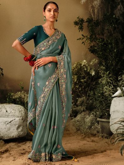 Incredible Sage Green Embroidered Silk Saree With Blouse