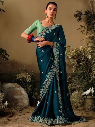 Attractive Teal Blue Sequins Silk Traditional Saree With Blouse
