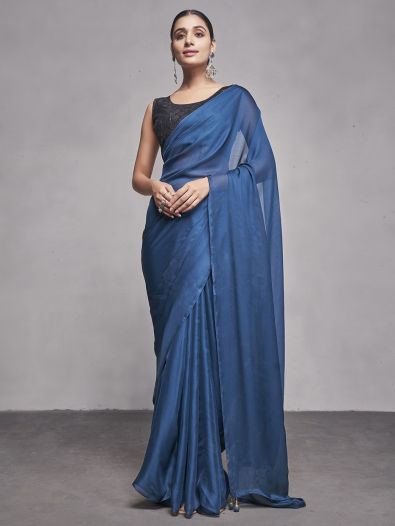 Magnetic Teal Blue Chiffon Events Wear Plain Saree With Blouse