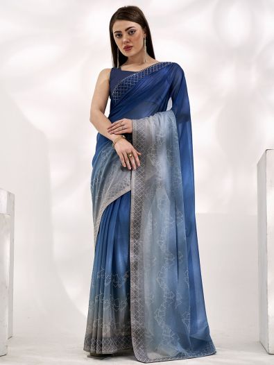 Splendid Blue Swarovski Work Lycra Traditional Saree With Blouse