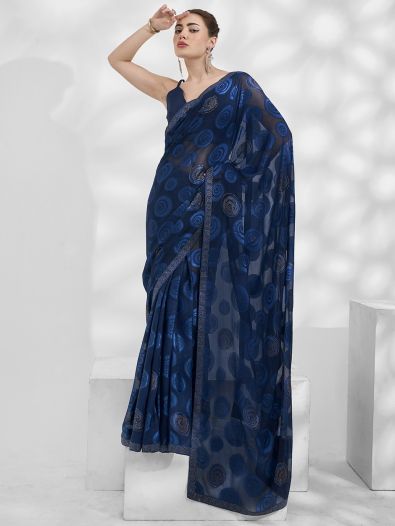 Amazing Blue Swarovski Work Jacquard Sangeet Wear Saree With Blouse