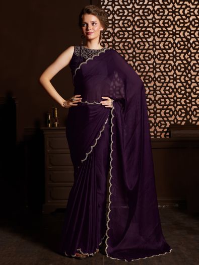 Lavish Purple Stone-Work Satin Designer Saree With Blouse