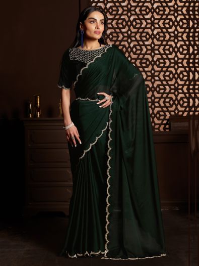 Adorable Dark Green Stone-Work Satin Saree With Blouse