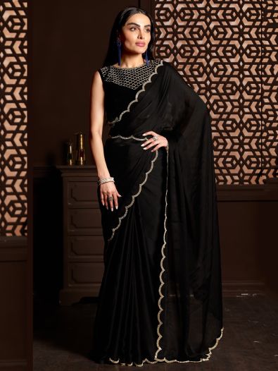 Attractive Black Stone-Work Satin Designer Saree With Blouse