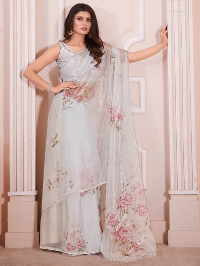 Beautiful Off-White Floral Printed Organza Saree With Blouse