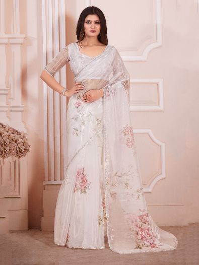 Gorgeous Off-White Floral Printed Organza Traditional Saree
