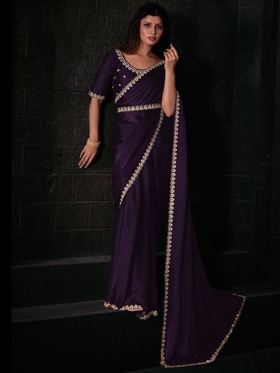 Attractive Purple Stone Work Satin Reception Wear Saree With Blouse
