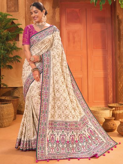 Spectacular Cream Mirror Work Silk Traditional Saree With Blouse