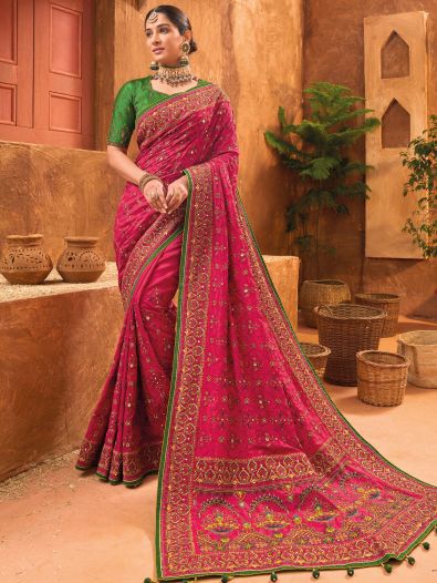 Awesome Rani Pink Mirror Work Banarasi Silk Engagement Wear Saree 