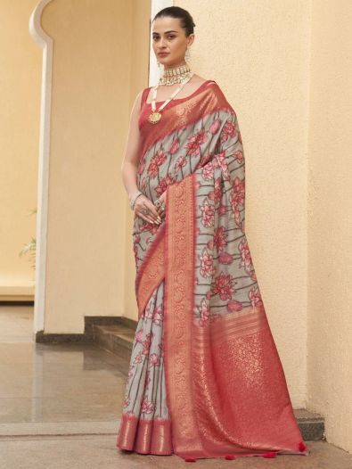 Lovely Grey Floral Printed Silk Traditional Saree With Blouse