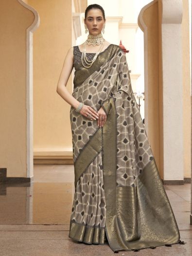 Fancified Grey & Sage Green Zari Woven Silk Saree With Blouse