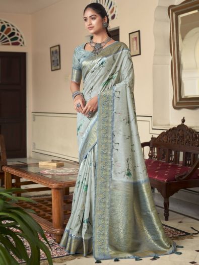 Beautiful Light Blue Digital Print Silk Festive Wear Saree With Blouse