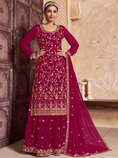 Enticing Pink Embroidered Georgette Wedding Wear Lehenga Suit