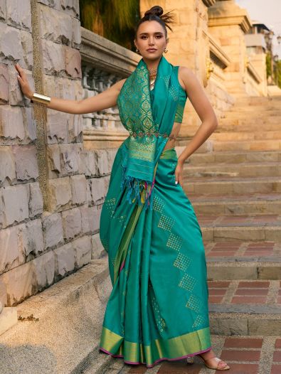 Splendid Teal Green Zari Weaving Silk Mehendi Wear Saree With Blouse