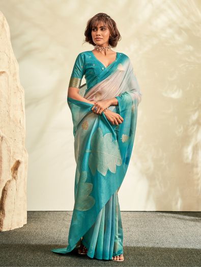 Attractive Turquoise Thread Work Silk Function Wear Saree With Blouse