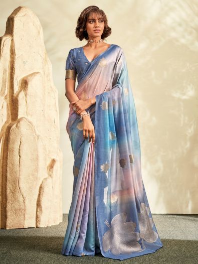 Pretty Blue Thread Work Silk Sangeet Wear Saree With Blouse