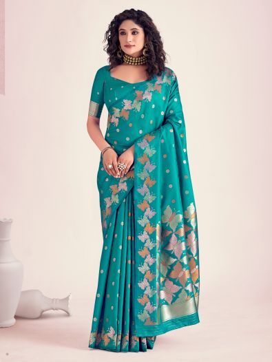 Dazing Turquoise Zari Weaving Banarasi Silk Event Wear Saree