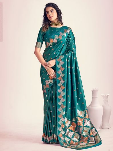 Exquisite Teal Green Zari Weaving Banarasi Silk Festival Wear Saree