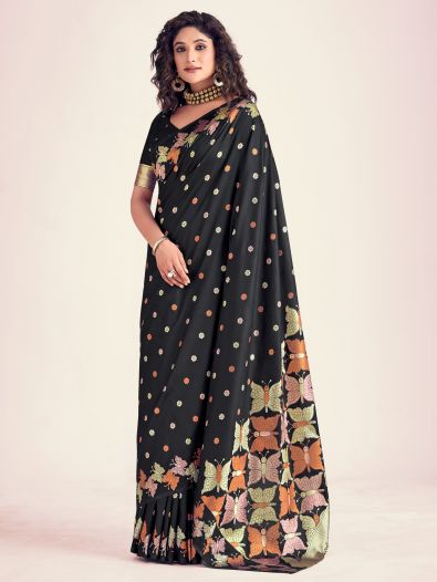 Lovely Black Zari Weaving Banarasi Silk Traditional Saree With Blouse