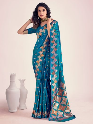 Pretty Blue Zari Weaving Banarasi Silk Festival Wear Saree With Blouse