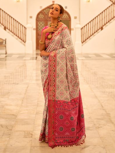 Unexpected Off-White Patola Printed Silk Festival Wear Saree