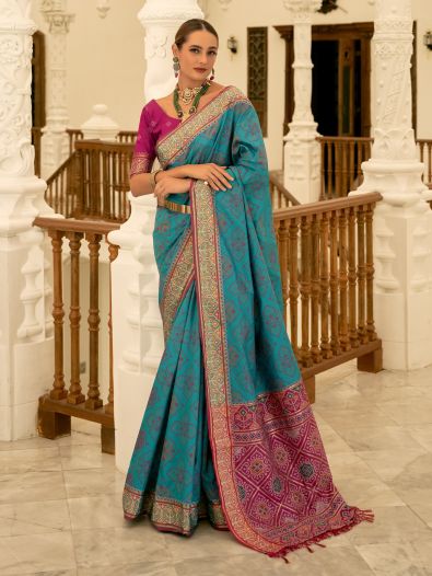 Histrionic Sea Blue Patola Printed Silk Traditional Saree With Blouse
