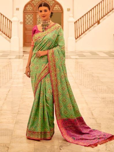 Astonishing Green Patola Printed Silk Wedding Wear Saree With Blouse