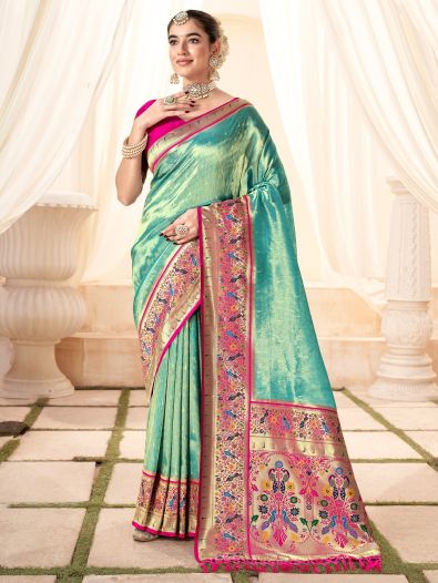 Gorgeous Turquoise Blue Handloom Weaving Silk Saree With Blouse