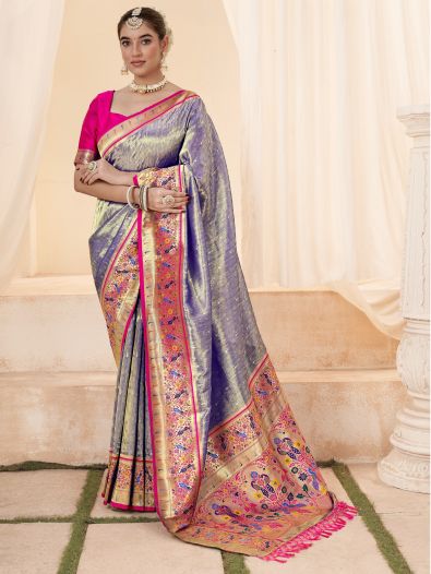 Stunning Purple Handloom Weaving Sangeet Wear Silk Saree